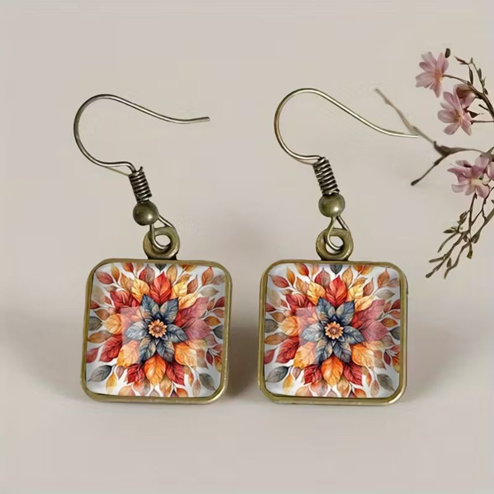 Floral Glass Drop Pendant Earrings Square Dangle Charm Handmade Boho Lightwght